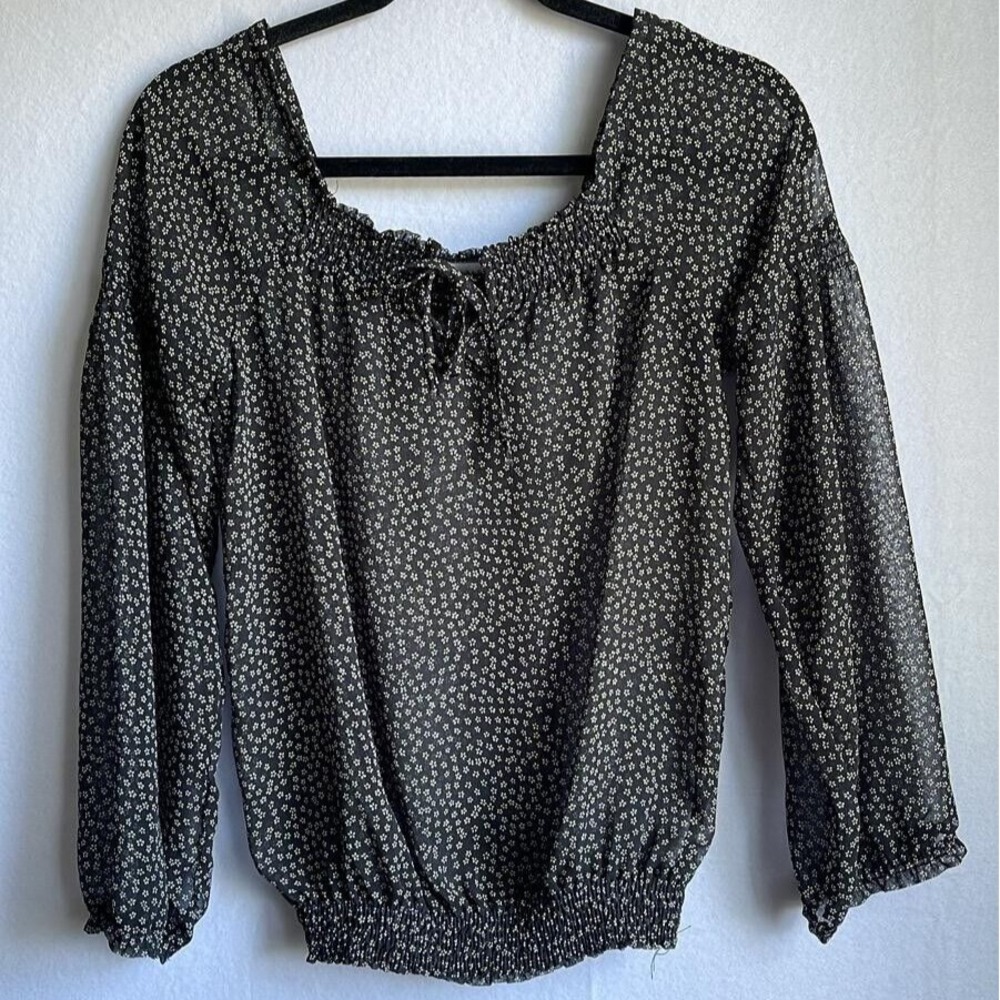 Zara Blouse Women Size XS Black Floral Long Sleeve  Square Neckline Light Casual